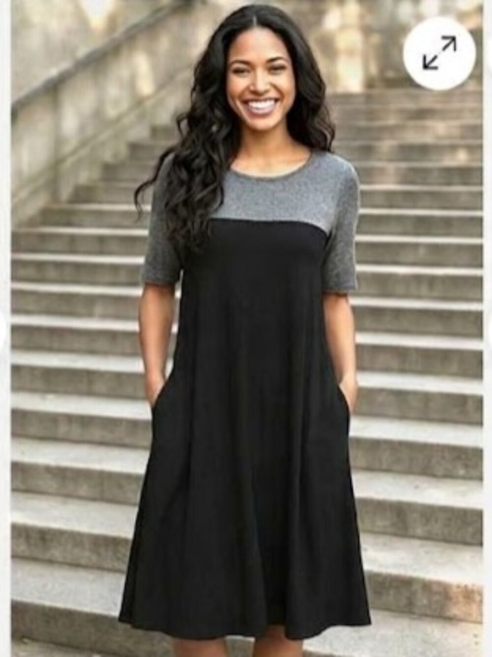 Nina Leonard M Black Jersey Dance Swing Dress Flowy SS Pockets Assymetric Hem